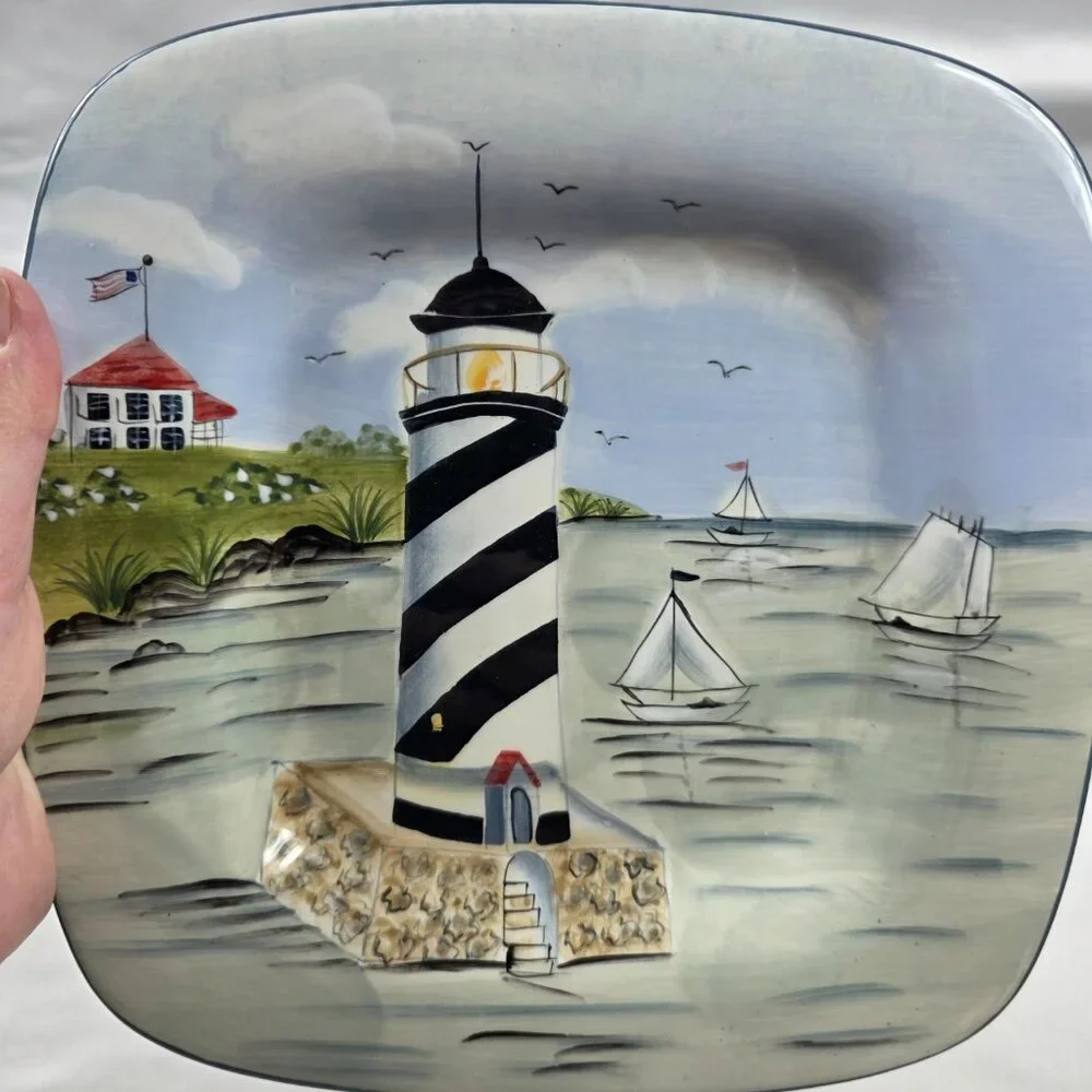 TWO Sakura Nantucket Shoreline Square Salad Plates Lighthouses, Birds Grass